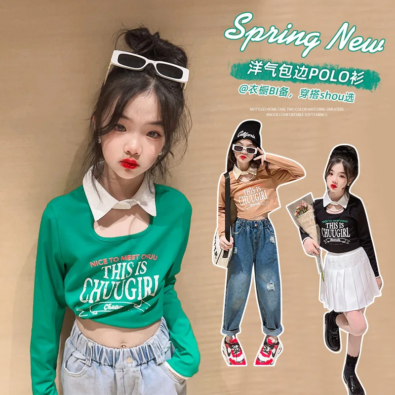 

spring fashion cotton teenager girls T-shirt Patchwork shirt collar letter kids short top children clothes sweat felpe