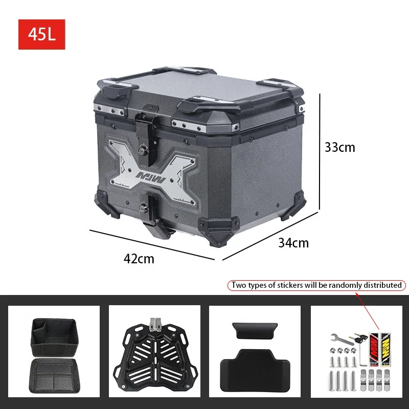 45L Universal Motorcycle Tail Box Aluminium Alloy Rear Box Top Case Waterproof Motorbike Trunk With Mounting Bracket Base Plate