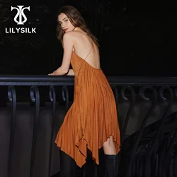 Donne di Estate 18 Momme LILYSILK Vestito Estivo 2022 Nuovo Femme Increspato Bordo Irregolare Backless Del Partito Veste Della Signora Vestito Da Sera di Trasporto Libero