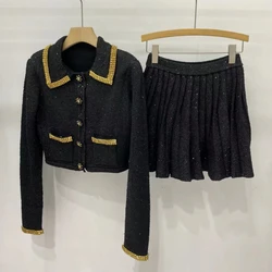 Women's Winter 2023 Two-Piece Suits Sequin Lapel Pearl Button Top or Slim Fit Knitted Pleated Skirt Women's Matching Sets