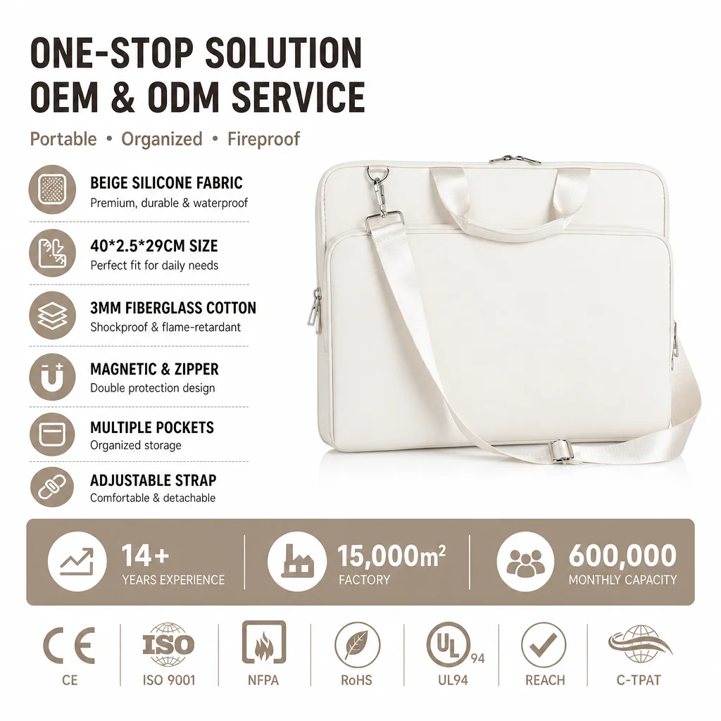 Silicone Coated Fireproof Tablet Sleeve 15.6 Inch Laptop Carrying Bag Water Resistant Document Protector for Business Travel