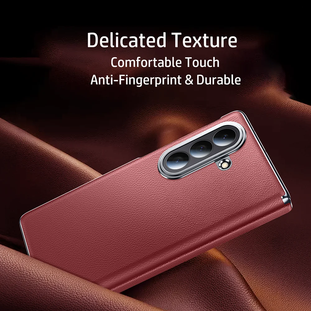 

For Samsung Galaxy Z Fold 7 Case Slim Self-Retracting Axis Hinge & Lens Protection Delicated Texture Leather Phone Grip Cover