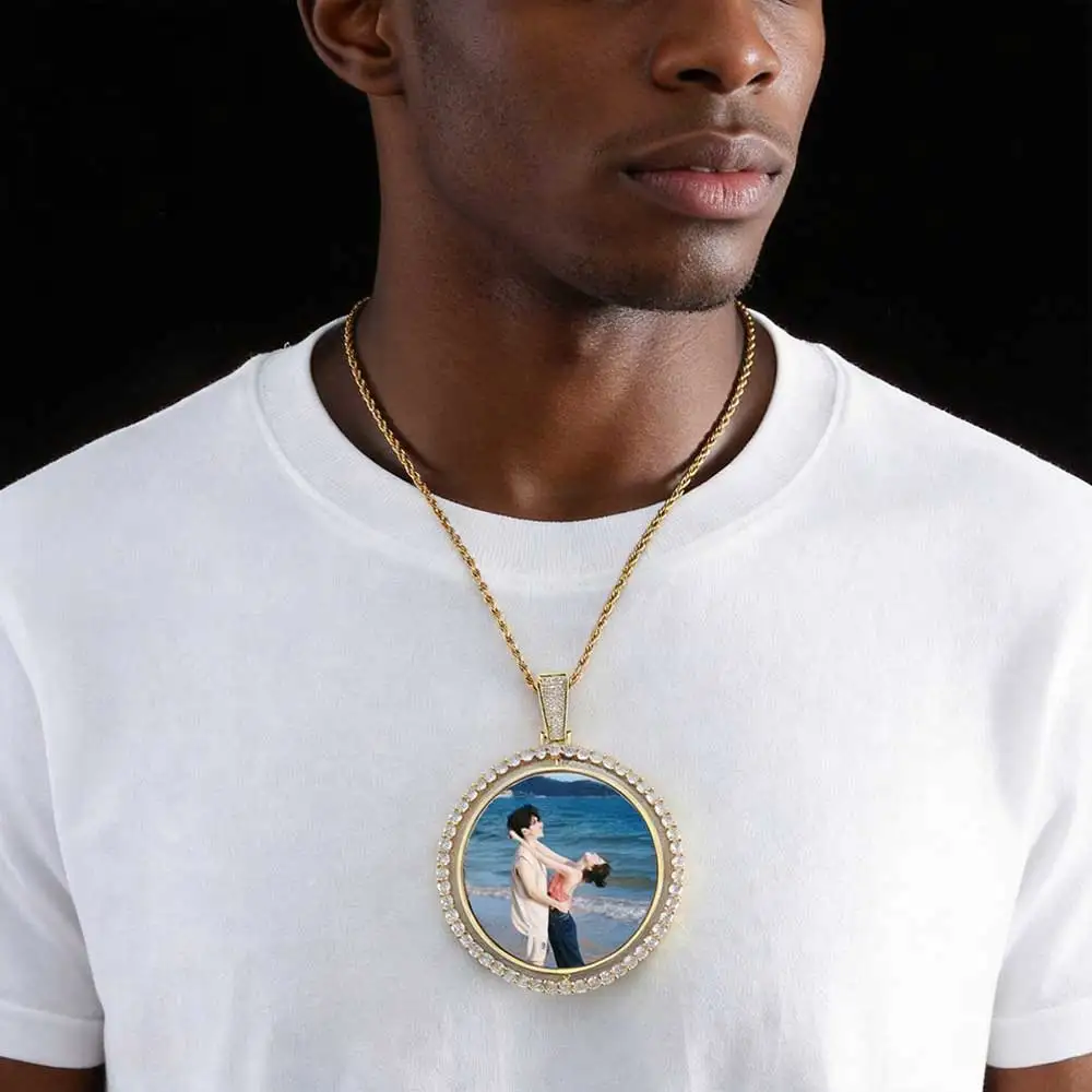 ESKEEM Custom Picture Pendant Iced Zircon Big Size Rotatable Double Sided Photo Frame Pendant Hiphop Memory Jewelry Men Women