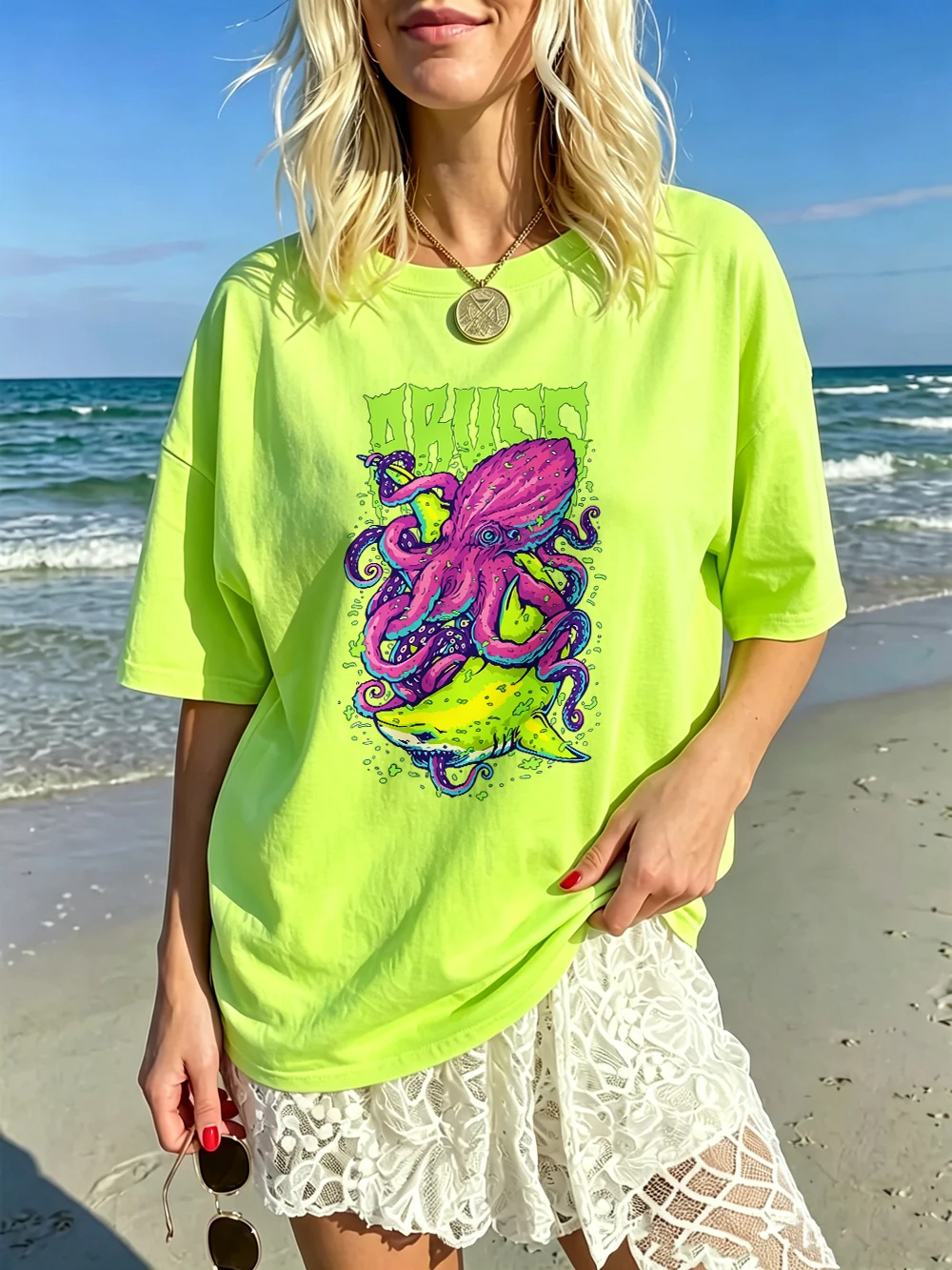 Abuzz Lila Tintenfisch Bedruckte T-Shirts Baumwolle Damen Sommer Kurzarm T-Shirts Weiche Basic Oversized Tops Lässige O-Neck Kleidung – Detail 18