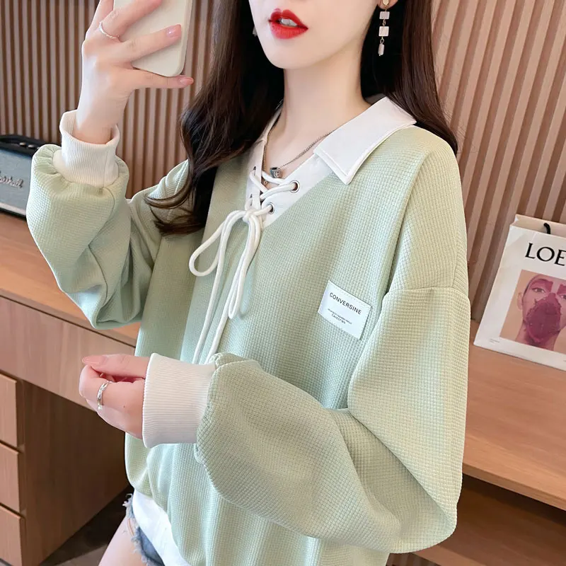 

Loose Fit Color Block Neck Hoodie Women's Spring Autumn Thin Design Sense Small Audience Top Coat Organic Cotton