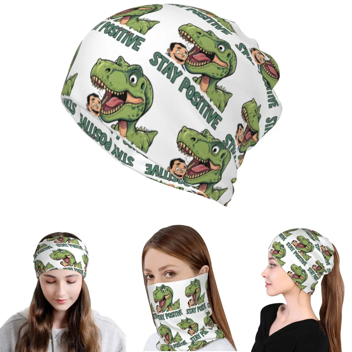Stay Positive Funny T-Rex Dinosaur Sticker Bandana Neck Cover Wrap Scarf Warm Cycling Scarf Beanies Hat Unisex Adult Windproof