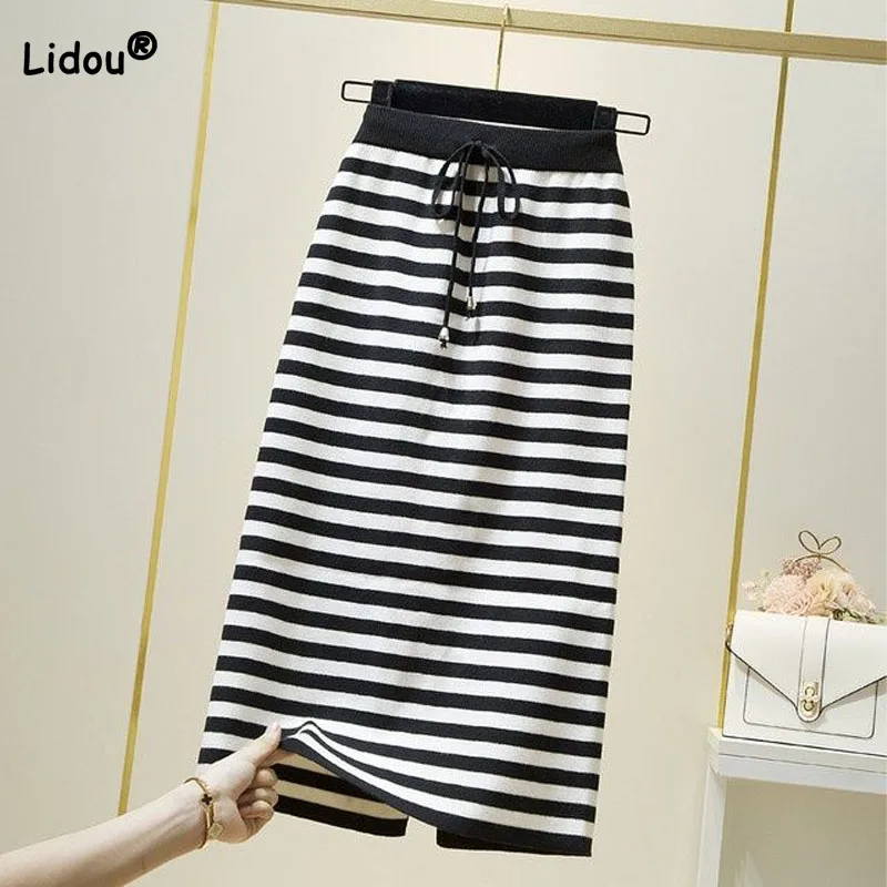 

Fashion Korean Lace Up Striped Knitted Skirt Women's Clothing Autumn Winter 2023 Trend Slim High Waist Bag Hip Skirts for Female