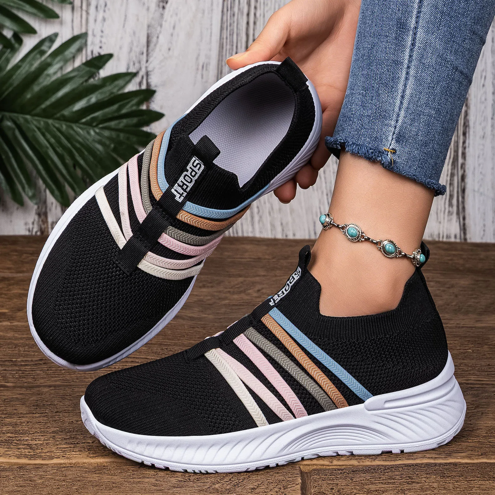 

Cross-border large-size women'asual shoes floven breathable single shoes color rope decorative outdoor sports shoes white shoes