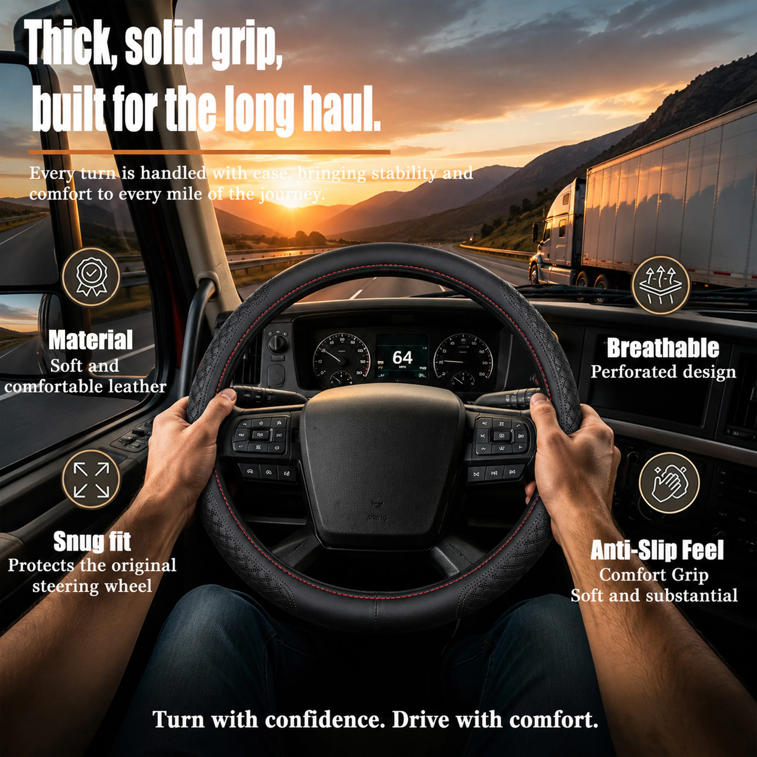 Embossed Leather Steering Wheel Cover for Trucks, Durable and Non-Slip, Available in Multiple Sizes, Truck Interior Accessory