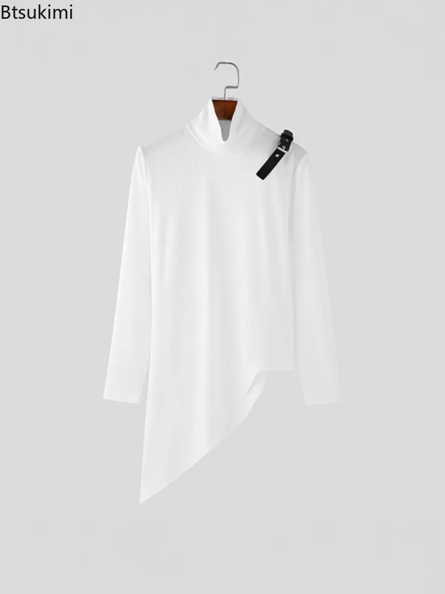 2025 Spring  Autumn Men Solid Slim Fit High Neck Elasticity T-shirt  Male Stripe Long Sleeved Tights Fashion Casual Streetwear - Image 3