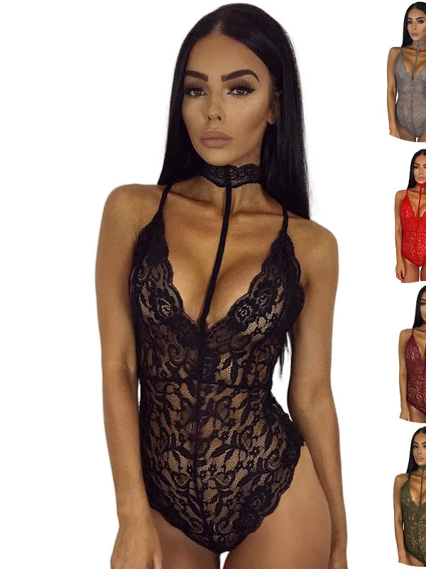 Transparante Sexy Vrouwelijke Kant Kant Jumpsuit V-hals Sling Haak Bloem Uitholling Een Stuk Vrouwen Rompertjes Open Rug Bodysuit Nieuwe 7DL