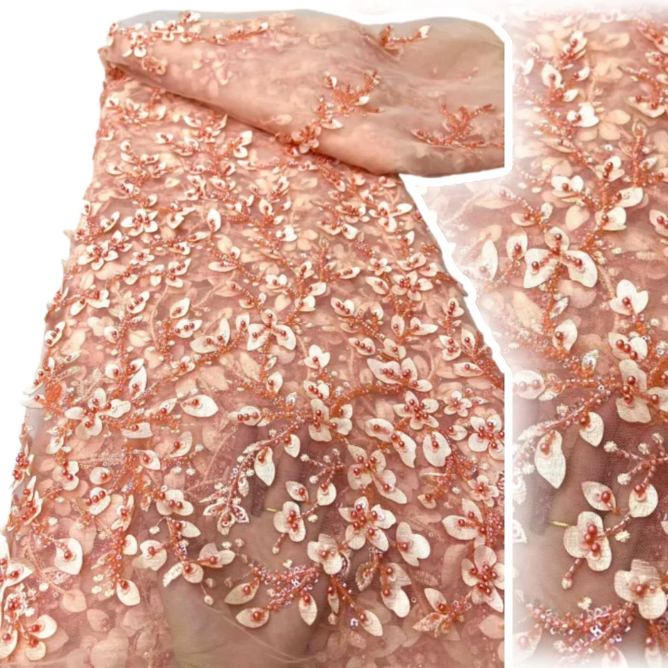 

Африканская кружевная ткань 2025, высокое качество, французский 3D цветок, блестки, вышивка бисером, тюль, кружевная ткань для праздничного платья CC1582