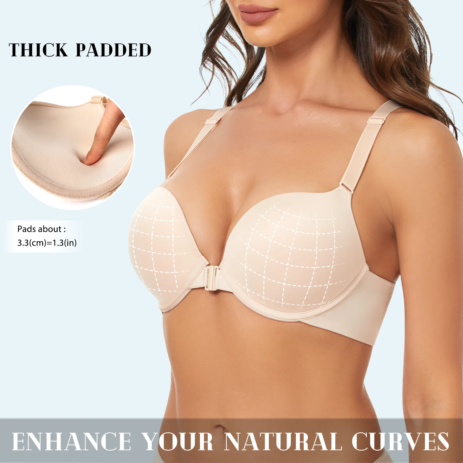 New Women Bra Thick Padded Push Up Underwire Front Close 3/4 Cups Seamless Sexy Bras Everyday Racerback Quality Underwear