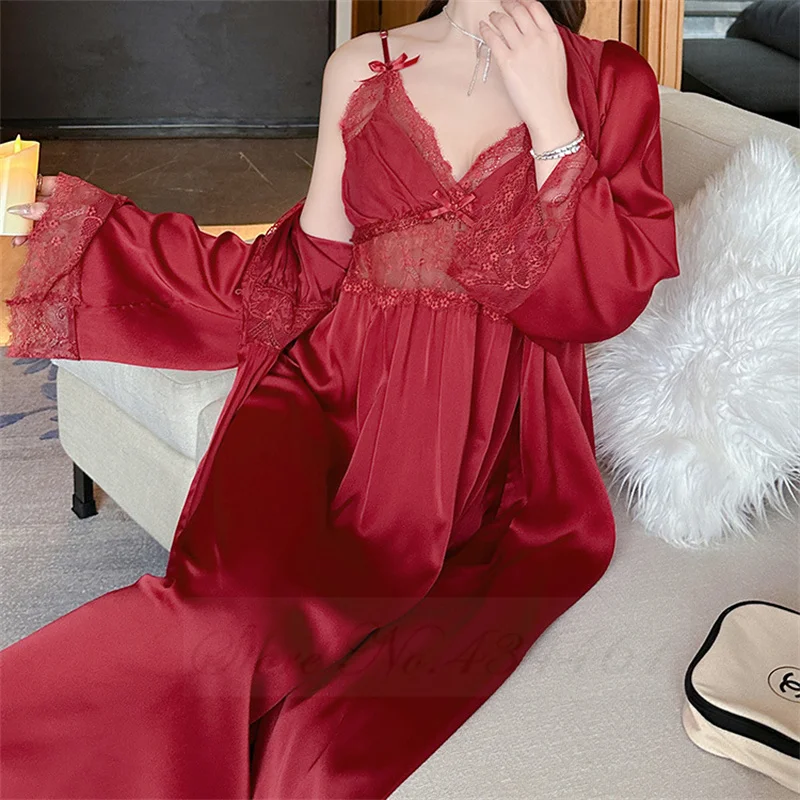 Spring Autumn Female Sleepwear Long Nighty&Robe Set Nightgown Sexy Lace Suspender Nightdress Intimate Lingerie Satin Homewear