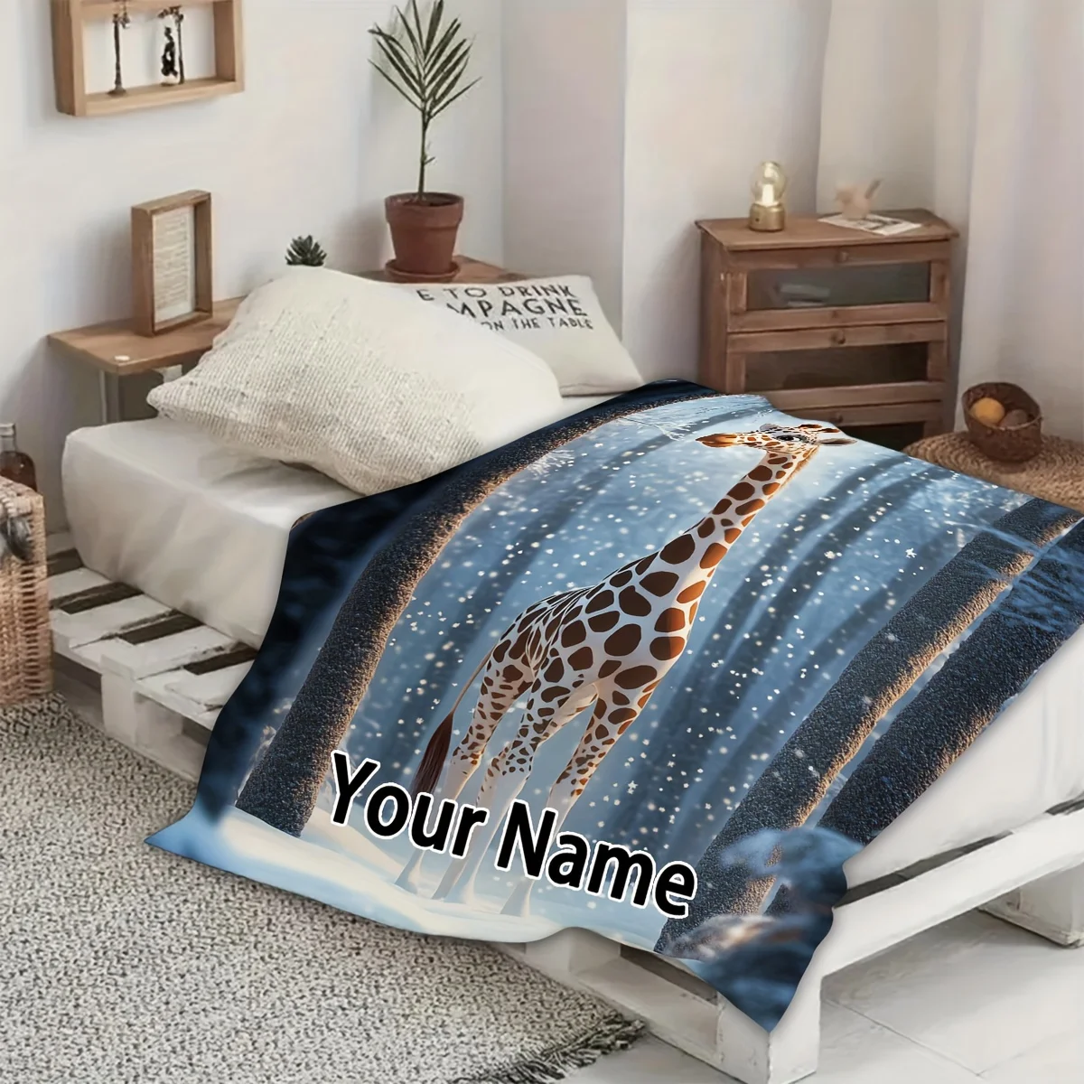 1Pc Custom Name Giraffe Flannel Blanket Suitable for Living Room Bedroom Study Office Dorm Decor Perfect Gift for Birthday