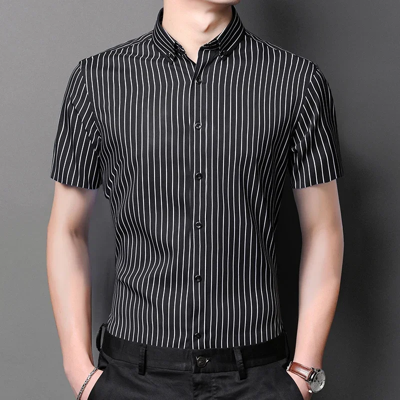 BROWON Brand 2026 Luxury Dress Shirt Men Short Sleeves Anti-wrinkle Business Shirts Man Elasticity Slim-fit Striped Tops Men