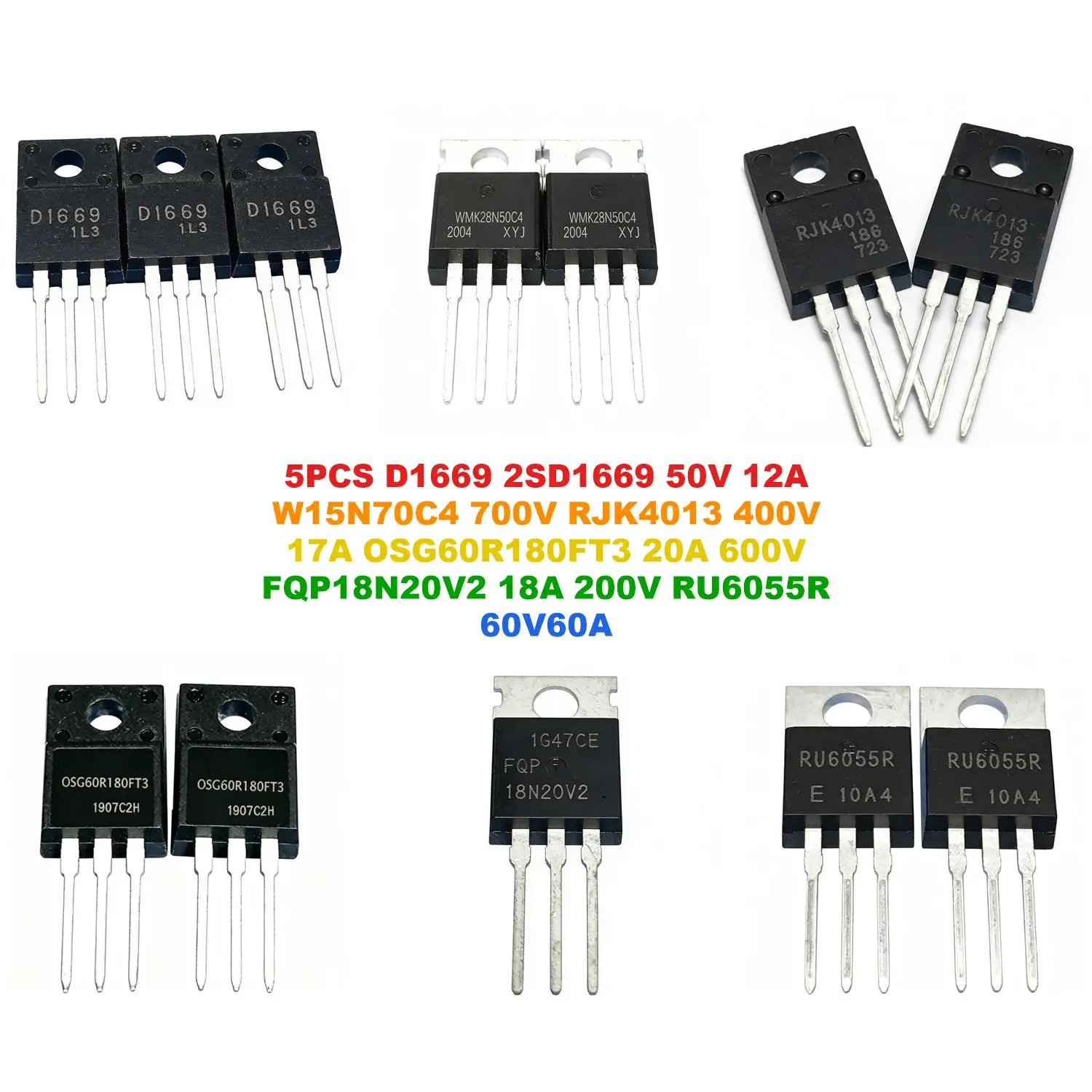 D1669 2SD1669 50V 12A W15N70C4 700V RJK4013 400V 17A OSG60R180FT3 20A 600V FQP18N20V2 18A 200V RU6055R 60V60A