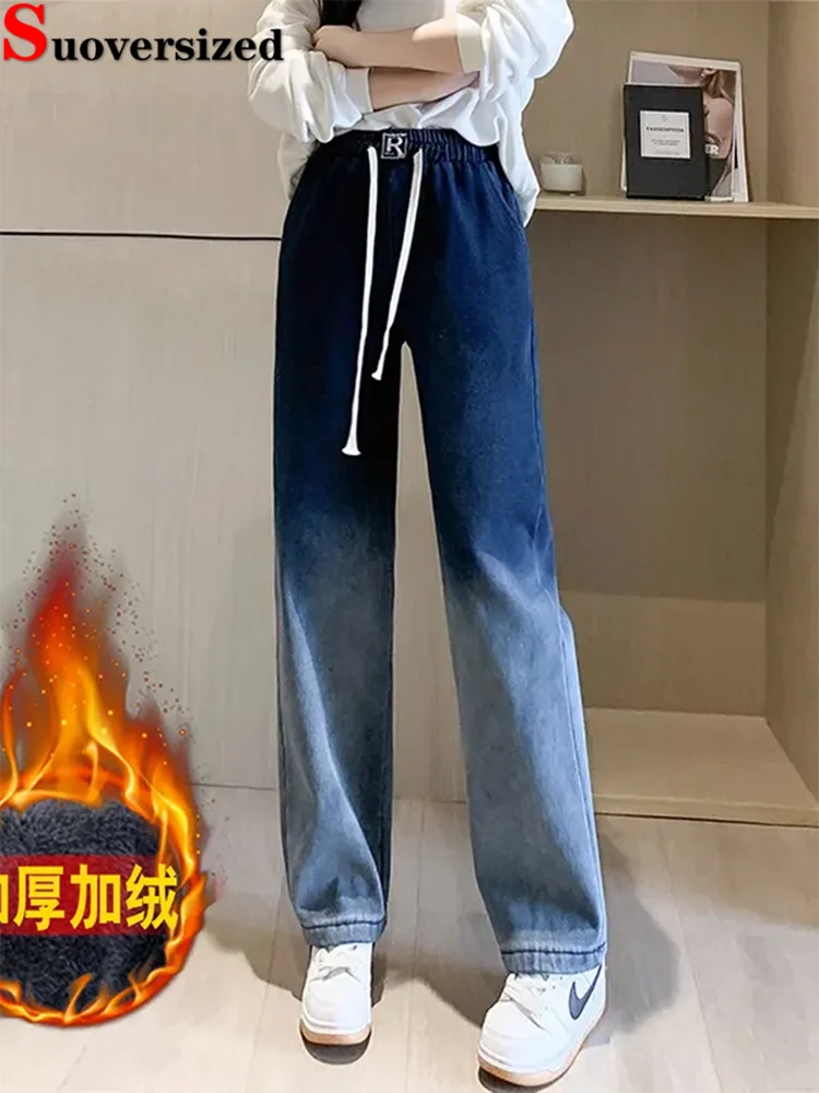 

Бархатные утолщенные мешковатые джинсы, винтажные женские повседневные джинсовые брюки с завязками, модные прямые свободные широкие брюки в стиле ретро Vaqueros