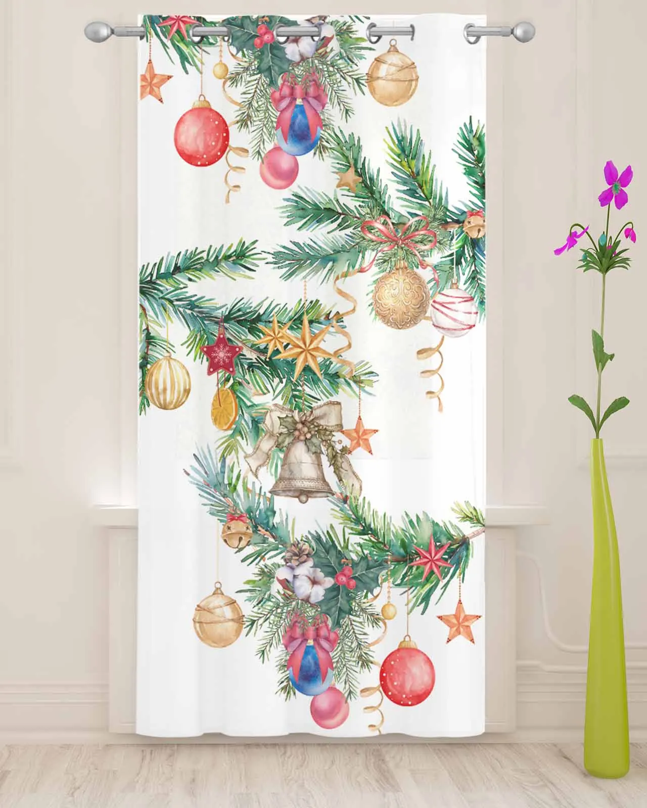 Christmas Pine Tree Lantern Star Ribbon Sheer Curtains For Living Room Modern Valance Curtains For Kitchen Tulle Curtains