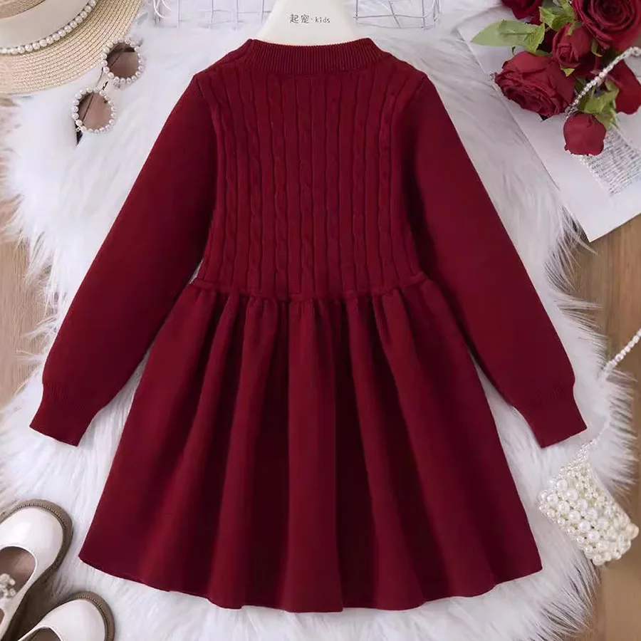 Knitwear Dress For Girls Beading Winter Autumn Child Party Kids Girl Sweater Dresses 4 5 6 7 8 9 10 Years Baby Clothing Red