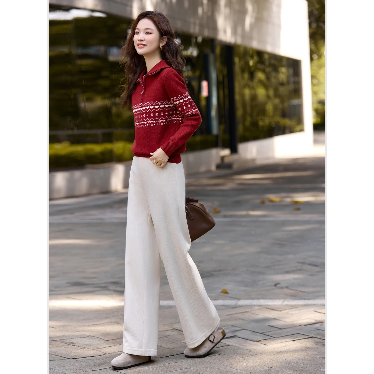 VIMLY Sweater Women's Winter 2025 New Fair Isle Jacquard Lapel Collar Zipper Knitwear Commuting High Elasticity Women Tops 75288