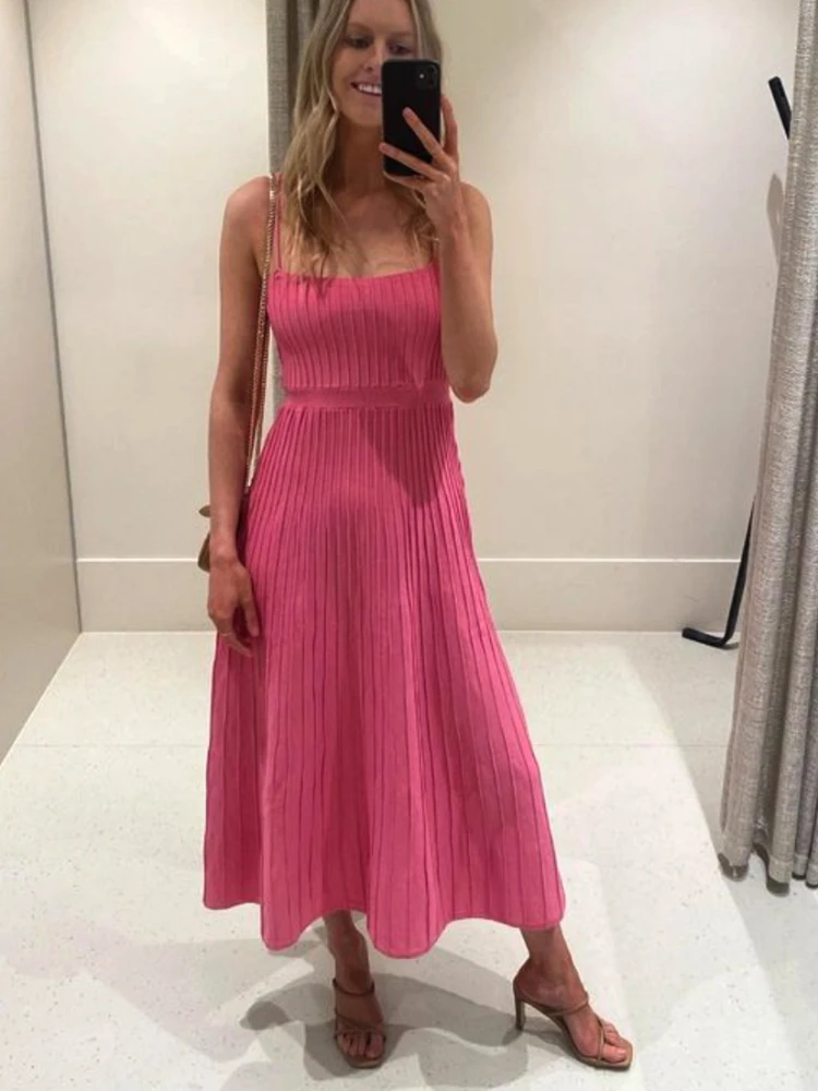 Knitted Solid Long Dress Women Sexy Sleeveless Spaghetti Strap High Waist Dress Party Evening Dresses Elegant Female Spring 2024