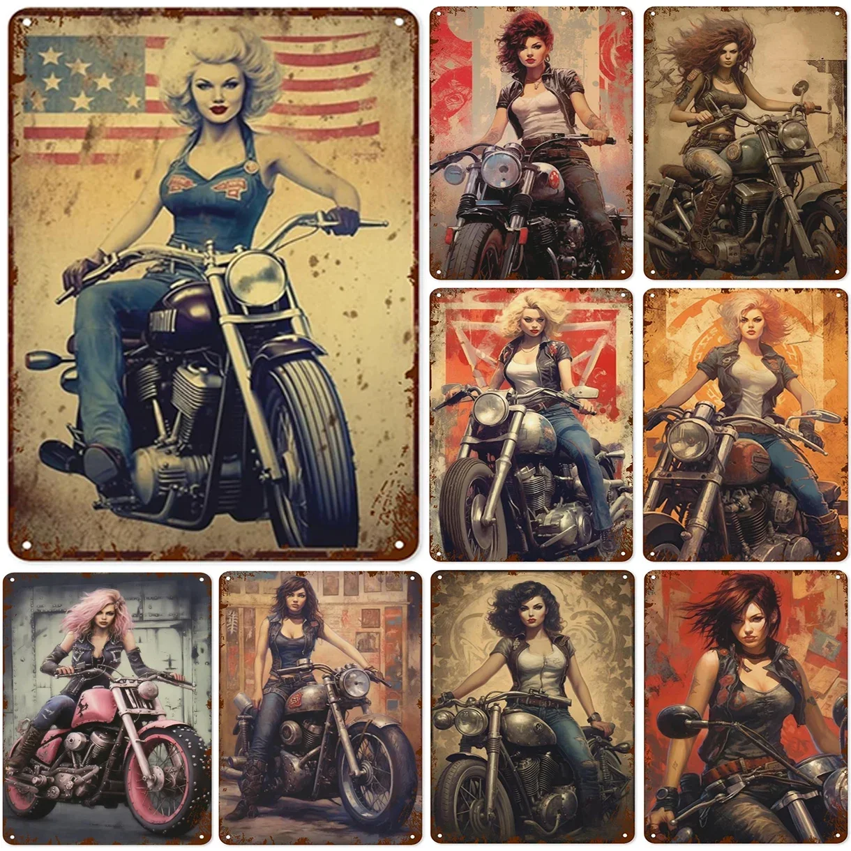 

Metal Tin Signs Pinup Motorcycle Girl Wall Decoration Plaque Vintage Poster Iron Painting for Man Cave Home Cafe Garden Club Bar