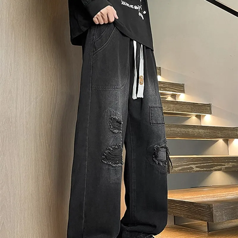 

Loose Men's Jeans Casual Wide Leg Long Pants Spring Autumn New Sle American Workwear Sle Hole Design Teenage Casual Pants