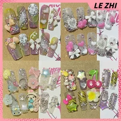 Sweet Cool Long Square Sexy Lace Press On Nails Long Coffin Leopard Cherry Reusable Full Cover Nail Party Sticker