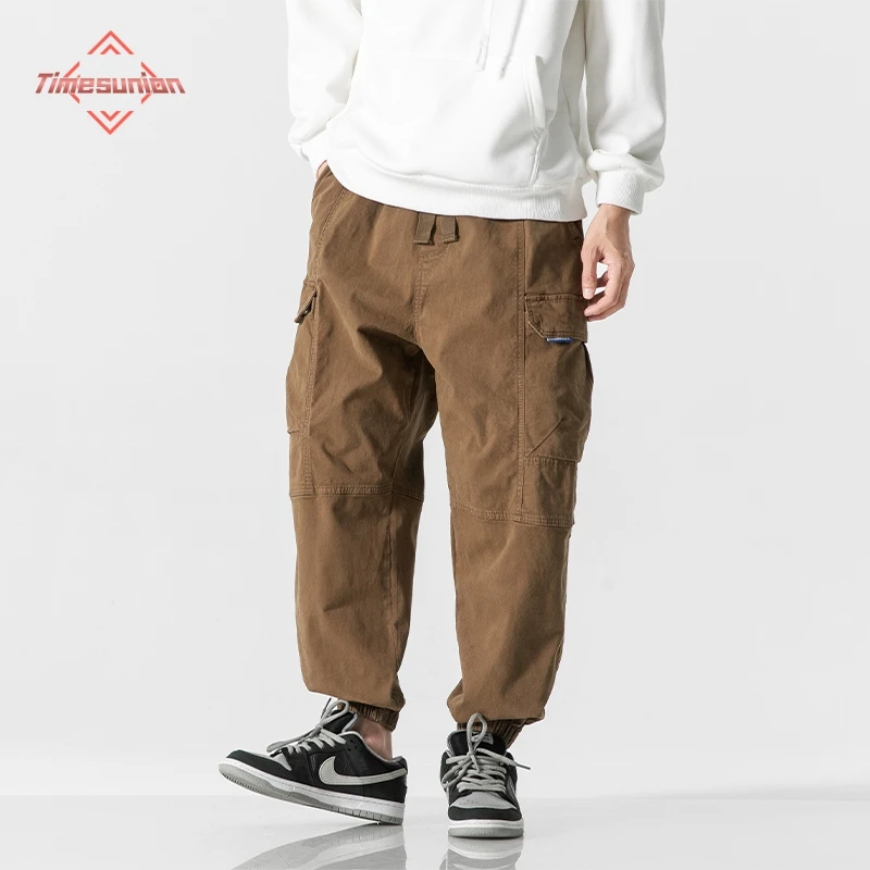 

100% Cotton Snow Wash Distressed Cargo Pants Men Korean Fashion Plus Size Harem Pants Streetwear Joggers Casual Baggy Trousers