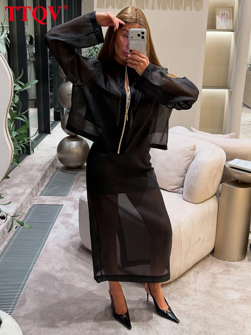 

TTQV Sexy Loose Black Skirt Set 2 Piece Woman 2026 Fashion Long Sleeve Shirt With High Waist Long Skirt Set Female Clothing