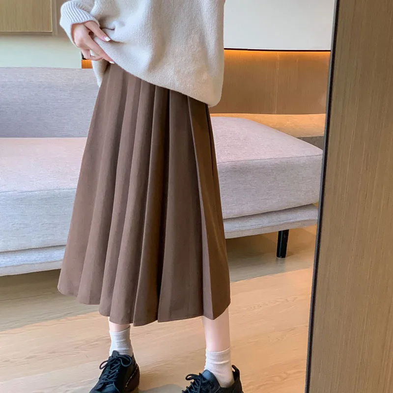 

Women's Woolen Skirts Autumn Winter Thicken Pleated Skirts Elastic High Waist Loose Midi Skirts Female Clothing Women Skirts New