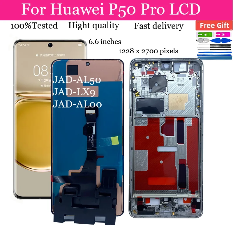 For Original For Huawei P50 Pro LCD JAD-AL50, JAD-AL00 Display Touch Panel Screen +Frame Digitizer Assembly For Huawei P50 Pro