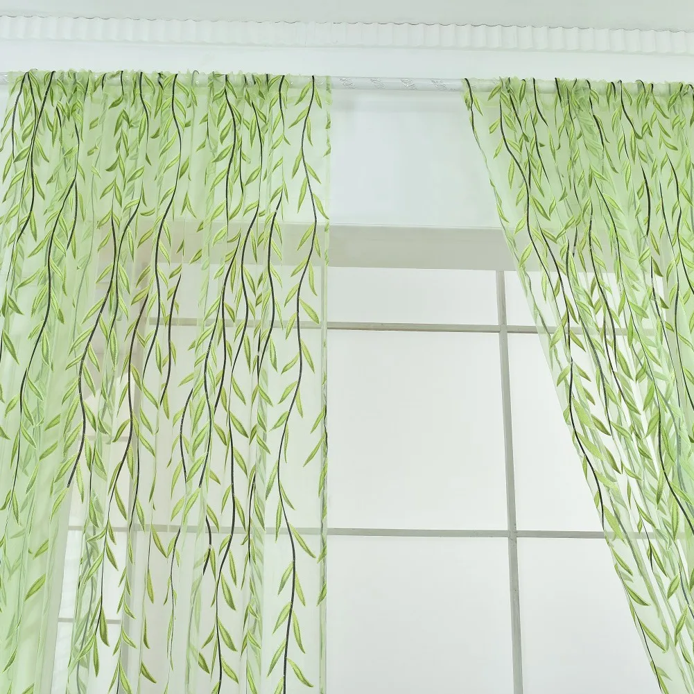 Green Willows Sheer Curtains Wicker Offset Printed Tulle Curtains for Living Room Kitchen Curtains Living Room Home Textiles