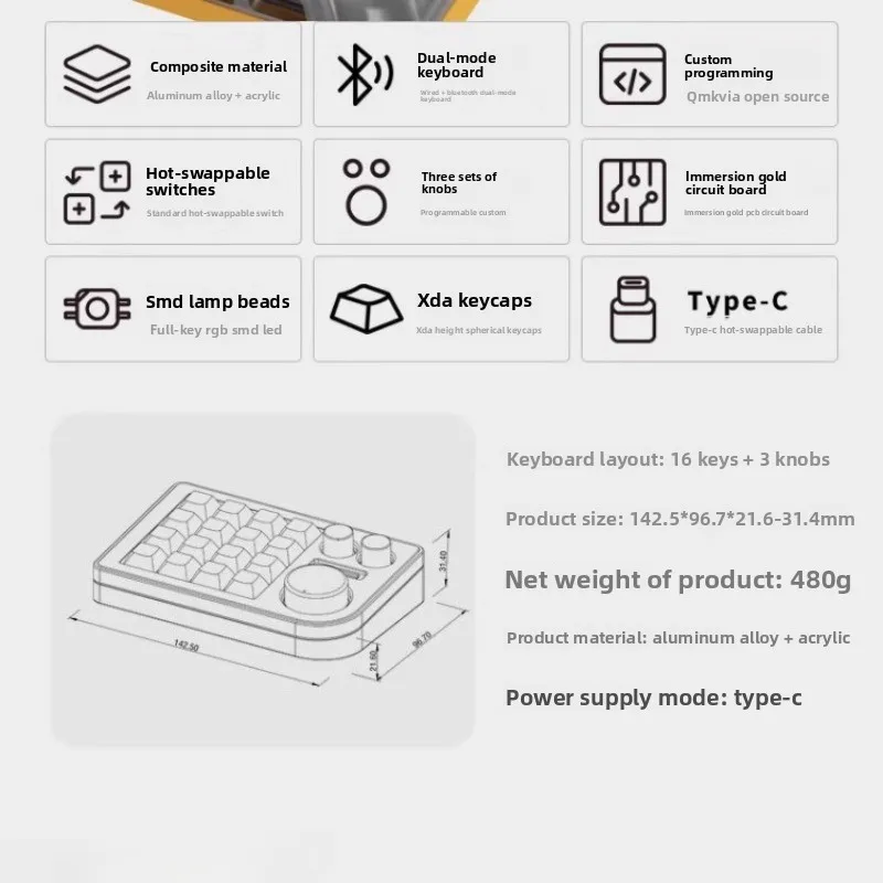 DOIO KB16B-02 Mini Mechanical Keyboard Bluetooth Dual-mode Customize 16 Key Positions QMK VIA Office Keyboard Pc Accessories
