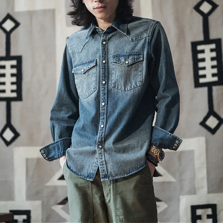 

Non Sto Retro Waed Western Cowboy Long Sve Thi Denim irt Non RRL Youthful ular American Sle Embroidered Floral