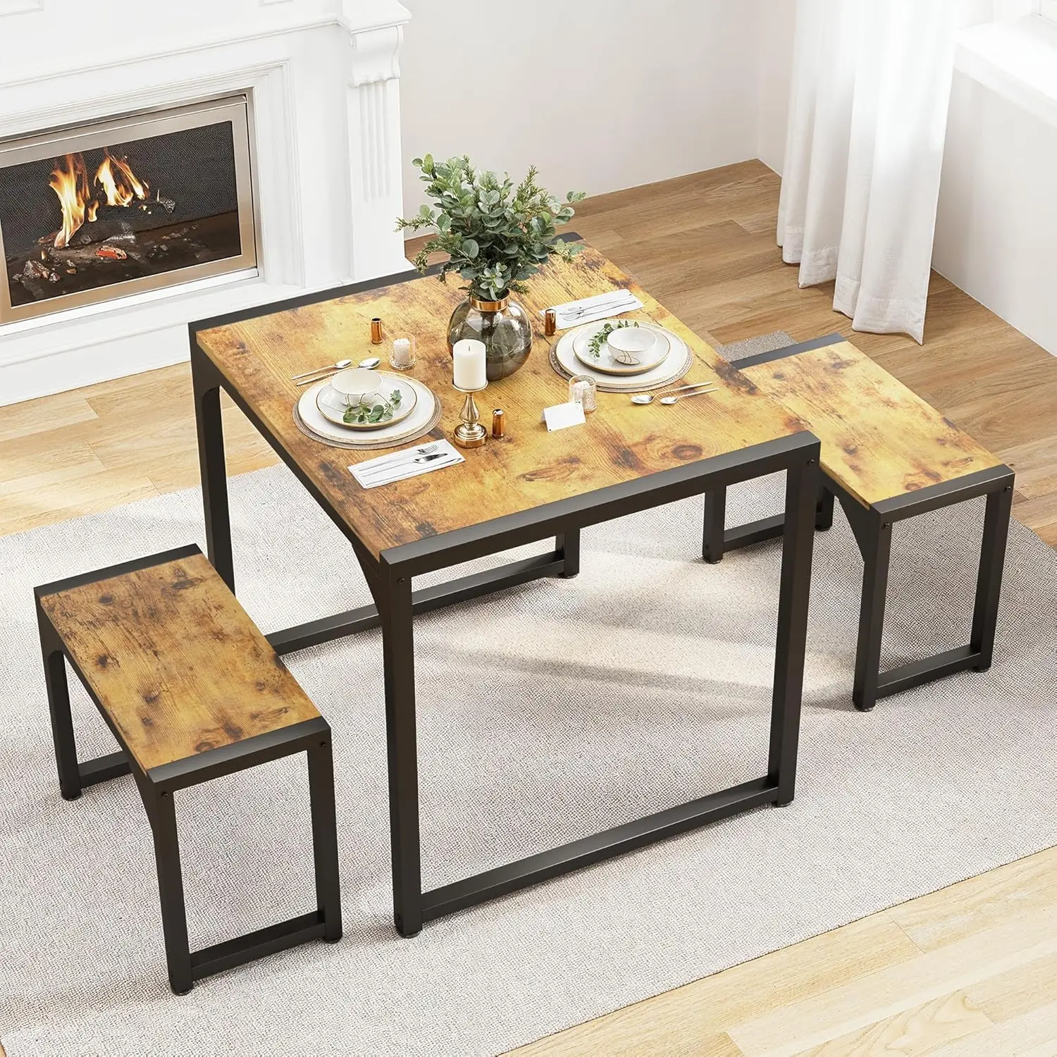 

Dining Table Set For 2, Kitchen Table Set For 2 With Steel Frame, Kitchen Table With 2 Benches For Small Space, Space Saving