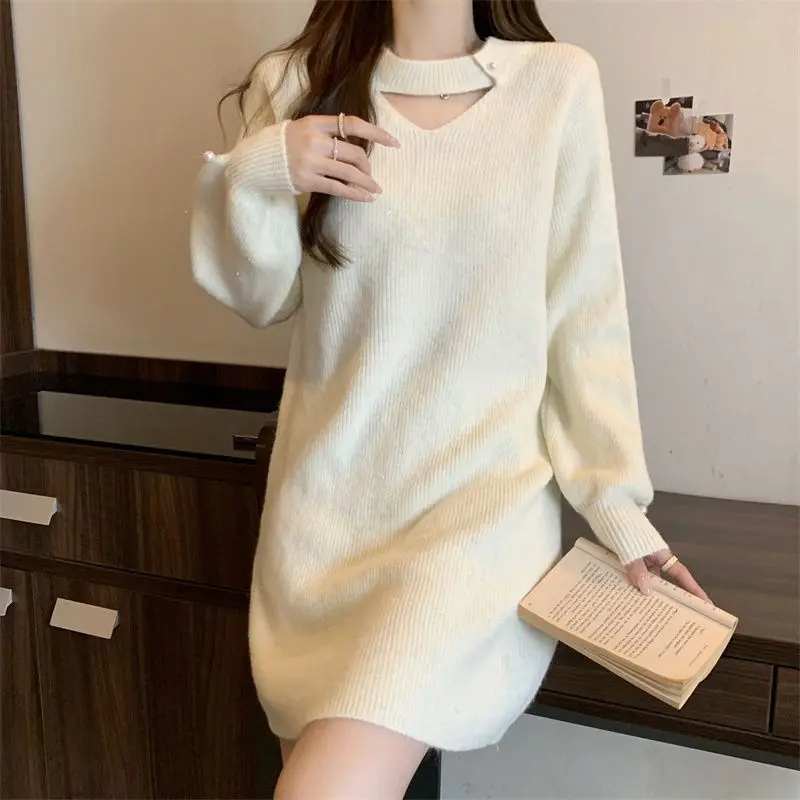Knee Length Pullovers Woman Oversize Sweaters Jumpers Womend Cross Casual Detail Unique Texture Distinctive Original Design Soft