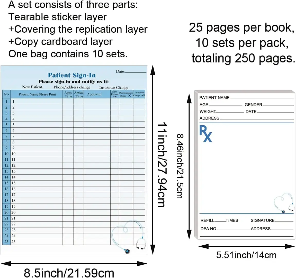 Pharmacy Patient Sign-in Sheets HIPAA Compliant with Prescription Pads 3-Part Carbonless NCR Forms Pharmacist Prescription