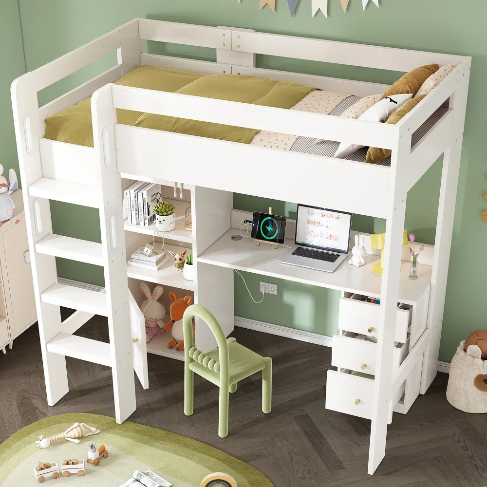 Kinderbett, Hochbett mit USB-C-Schreibtisch, Kleiderschrank, Aktenschrank, Jugend-Einzelbett mit Treppe und Gitter, ohne Matratzenraum – Detail 1