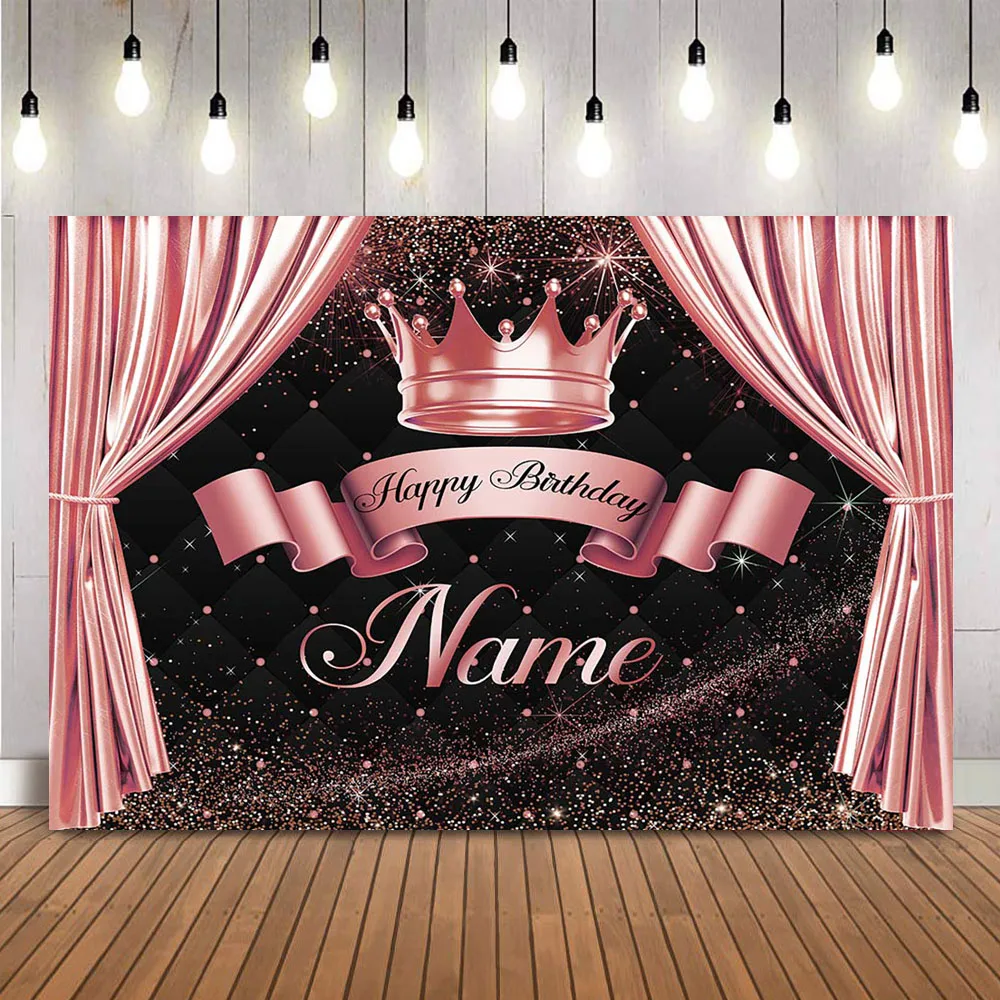 Fondo de feliz cumpleaños, corona real, príncipe, oro, purpurina, cortina dorada, nombre personalizado, suministros de decoración para fiestas