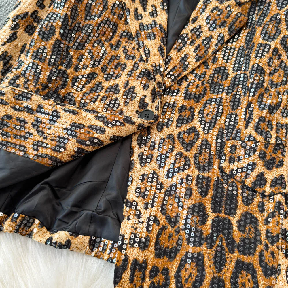 Chaqueta de traje con estampado de leopardo para mujer, abrigo holgado con cuello de lentejuelas, estilo callejero, novedad de otoño, 2024