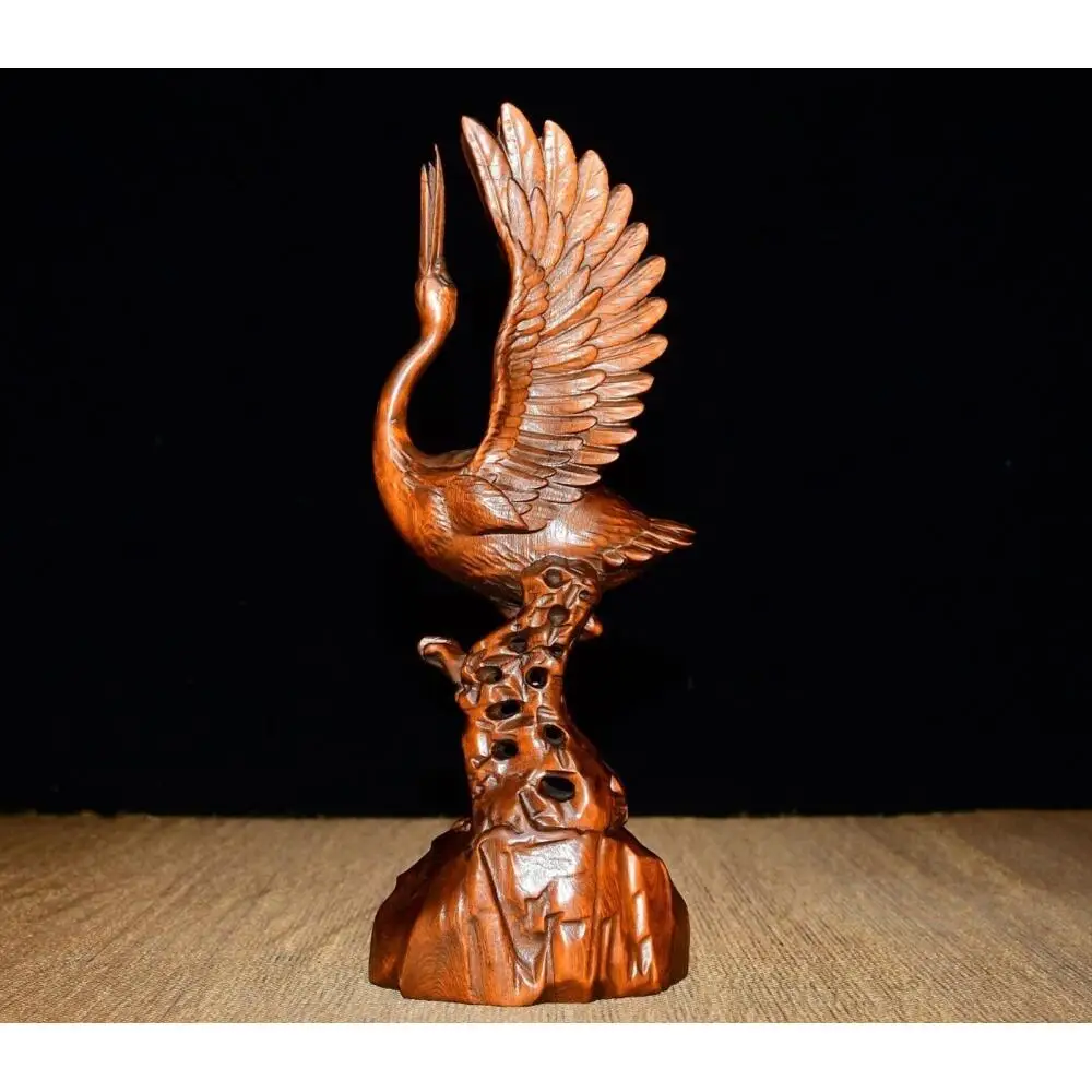 Hand Carved Boxwood Crane Statue Oriental Longevity Bird Figurine Wooden Sculpture Home Desktop Decor Craft Gift