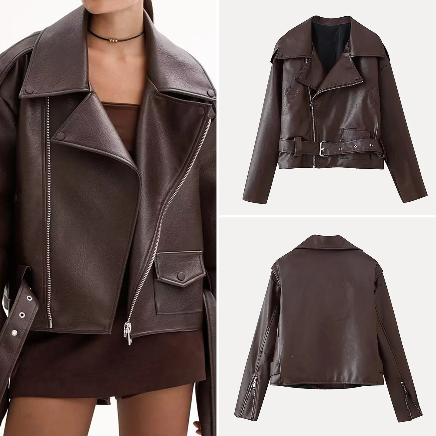 Ele ort Leather Jaet Women's Faion Vintage Sle Loose with Belt Autumn 2025 New Arrival Youth Casual Zipper