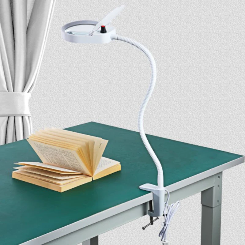 8X15X Lampa powiększająca LED Metalowy zacisk Elastyczne ramię Lampa biurkowa Bezstopniowa ściemniana lupa Lampa LED 3X10X 5X 100mm Soczewka Biała