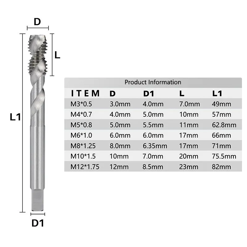 HSS Two Edge Sprial Flute Thread Tap M3 M4 M5 M6 M8 M10 M12 Machine Plug Tap Threading Tool Hand Tool