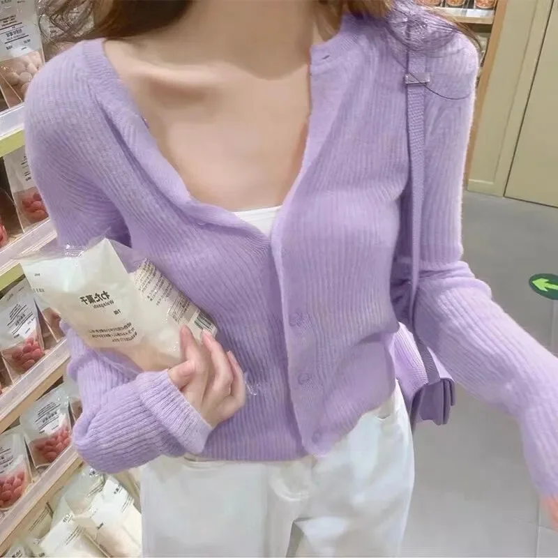 New Fashion Spring 100% Merino Wool Womens O-neck Cardigan Cashmere Sweater 2024 Female Clothing Grace Knitwear Korean Tops