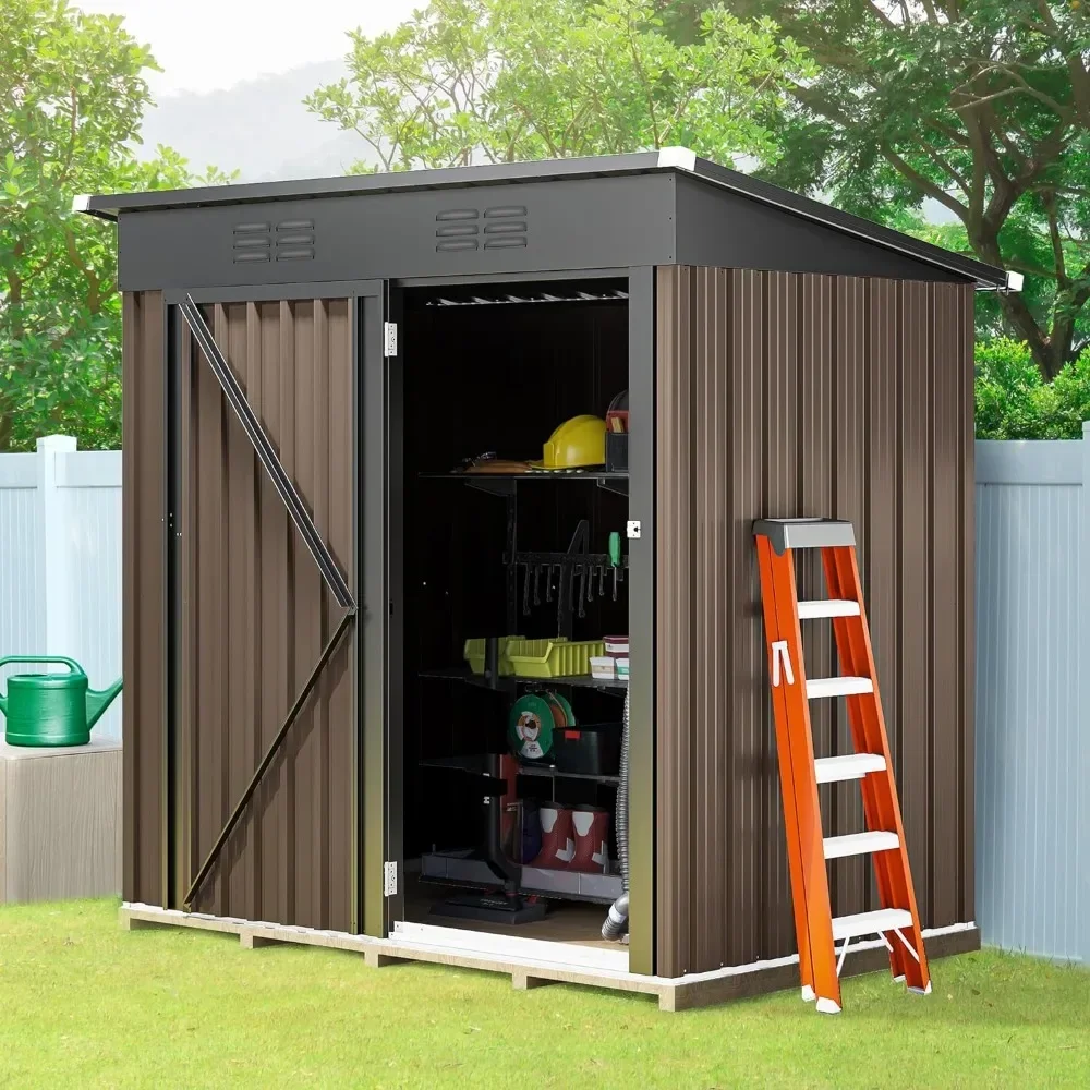 

A Metal Outdoor Storage Shed 5x3 Feet, Lockable Tool Shed Storage with Vents, Garden Storage, For Storage, Lawn Mower, Brown