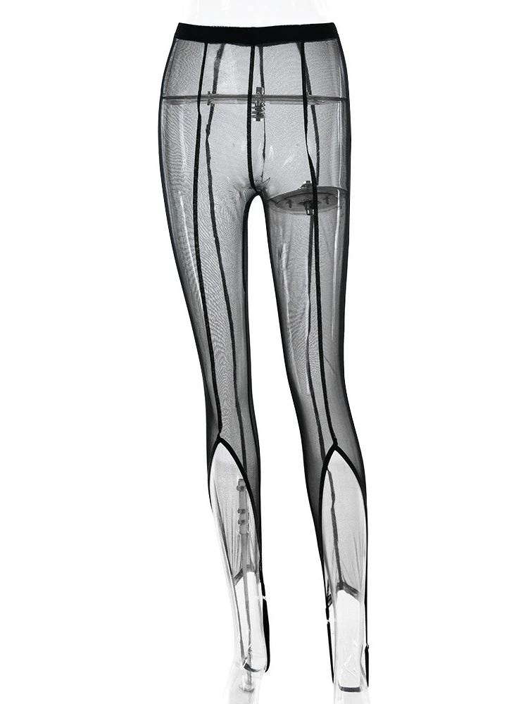 FDYOUI-mallas de malla transparentes para mujer, ropa Sexy Y2K, pantalones ajustados calados de cintura alta, traje para fiesta y Club nocturno, pantalones sólidos
