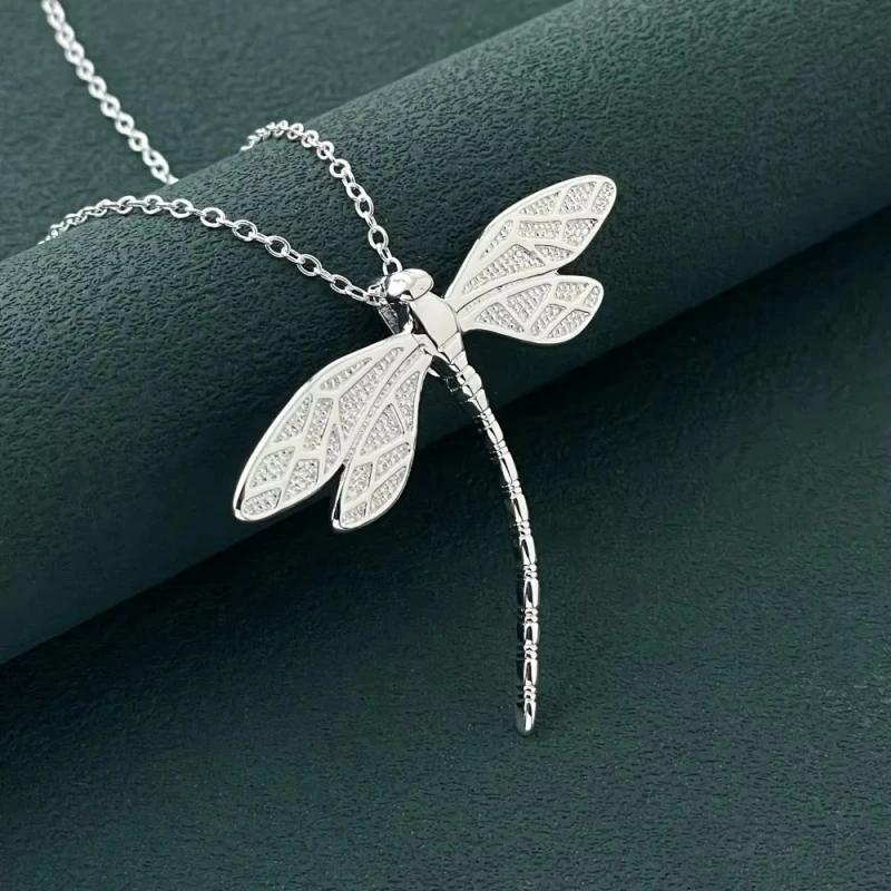 

925 Sterling Silver Big Dragonfly Pendant Necklace For Women Wedding Engagement Party Fashion Jewelry Gift